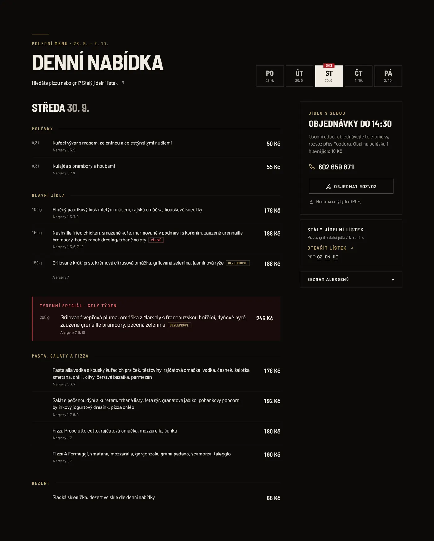 Denní nabídka se záložkami dnů, polévkami, hlavními jídly, týdenním speciálem a dezertem